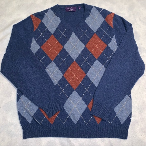 Alan Flusser 100% Cashmere Blue Argyle V-neck Sweater Men's Size L EUC - Picture 1 of 5